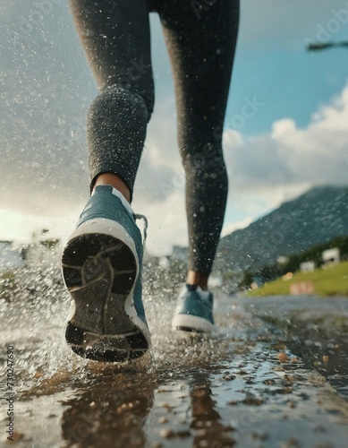 Young woman running in rainy weather, water and mud splashes as her feet hits the ground, low angle closeup detail from behind