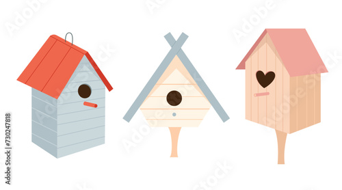 Set with three cute wooden birdhouses, spring coming symbol. Hand drawn vector illustration, isolated on white background
