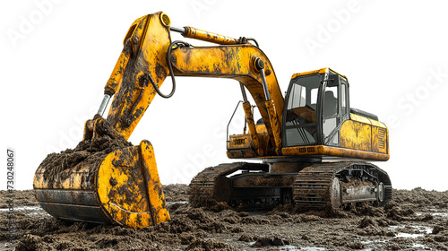 A backhoe is shoveling dirt on a pile of sand on a white background.Image generated by AI photo