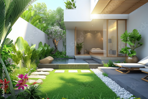 modern minimalist mini house with grass lawn, flowers garden and many tropical plants © Kien