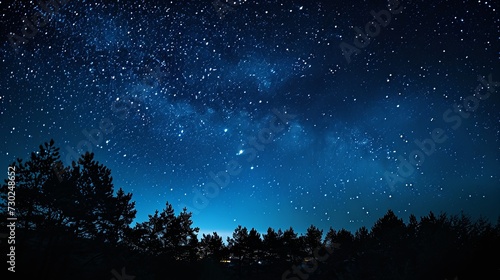 Night dark blue sky with many stars over the field of trees generative ai © Francheska