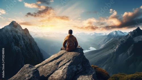 Person sitting on a rock, observing a vast mountain range, contemplating life's vastness and evaluating personal aspirations photo