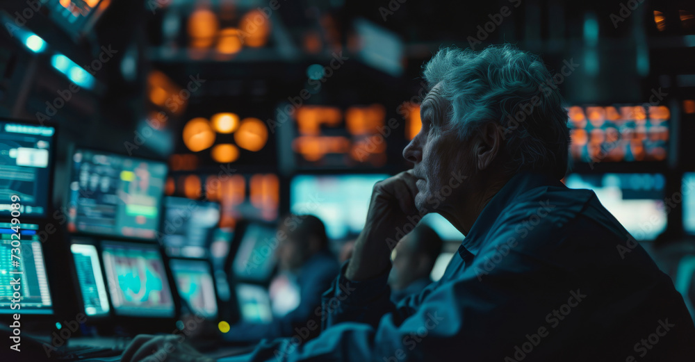 A male broker watches stock growth figures on monitors A male broker watches stock growth figures on monitors