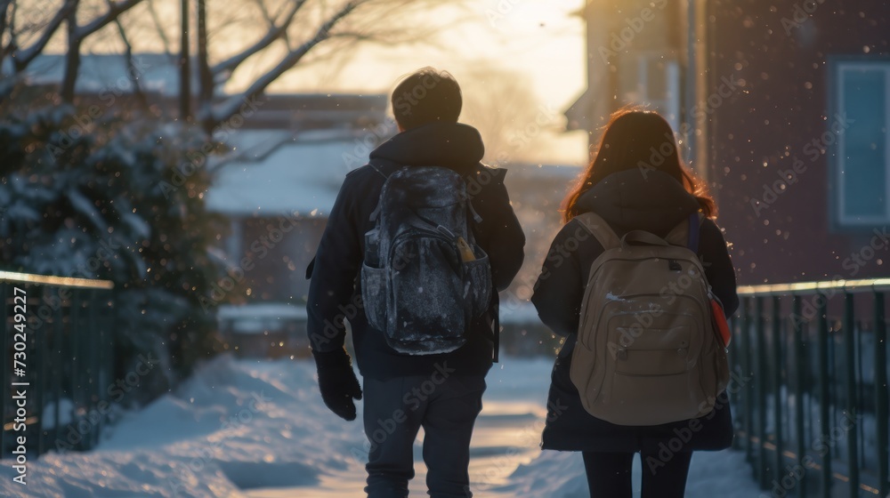 back view photo of a teenager with a backpack walking to school in winter back view photo of a teenager with a backpack walking to school in winter