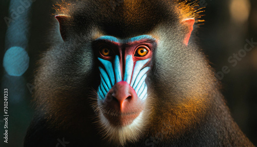 Mandrill close-up portrait. Mandrillus sphinx with red fur and blue eyes,a wild primate looks closely at the camera.Dark green background. photo