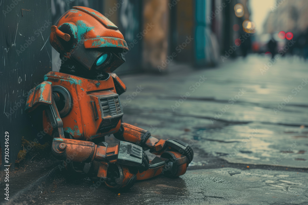 old abandoned homeless robot in the city streets