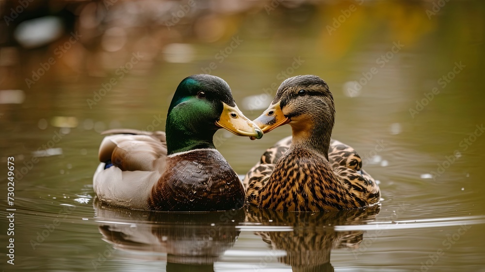 Pair of ducks floating on a pond, beaks close together, generative ai Pair of ducks floating on a pond, beaks close together, generative ai