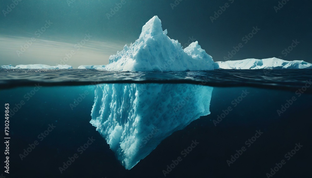 Iceberg floating on dark sea, large part visible underwater, smaller tip above surface Iceberg floating on dark sea, large part visible underwater, smaller tip above surface