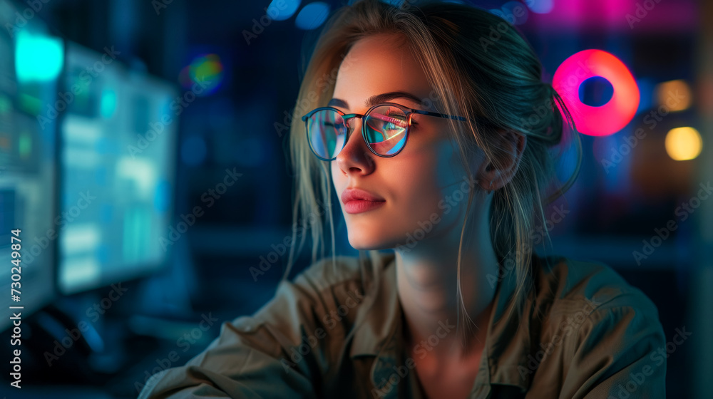 A modern control and communications center, a young specialist processes information using artificial intelligence, a portrait of a female military personnel at work A modern control and communications center, a young specialist processes information using artificial intelligence, a portrait of a female military personnel at work