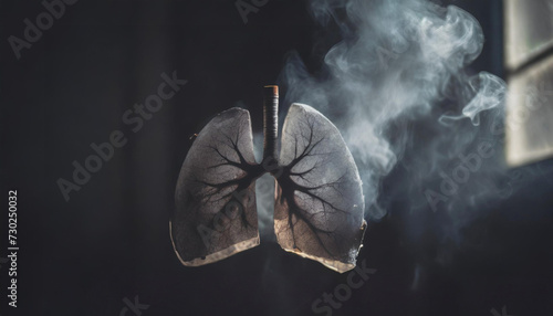 Impact of smoking, air pollution on lungs disease.Lungs flies in a smoked room,dark gray blurred background, copy space.