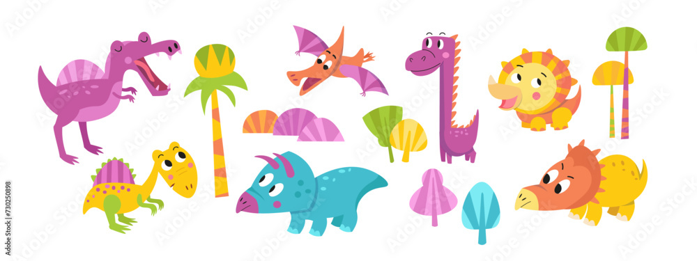Obraz premium Cute cartoon set dinosaurs. Flat stylised isolated simple illustration for design on white background. Template for text. Vector graphics.