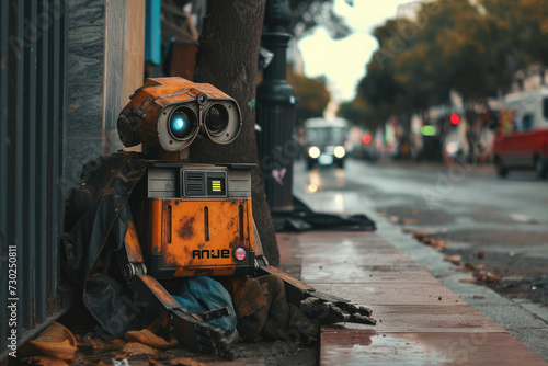 old abandoned homeless robot in the city streets
