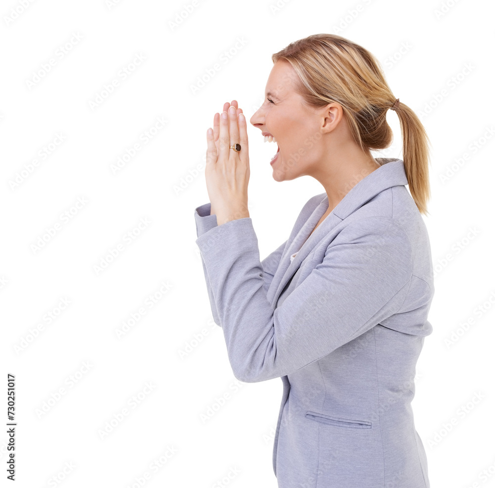 Profile, announcement and shouting business woman in studio isolated on white background with space. News, notification or alert with confident young employee in suit, screaming for awareness Profile, announcement and shouting business woman in studio isolated on white background with space. News, notification or alert with confident young employee in suit, screaming for awareness