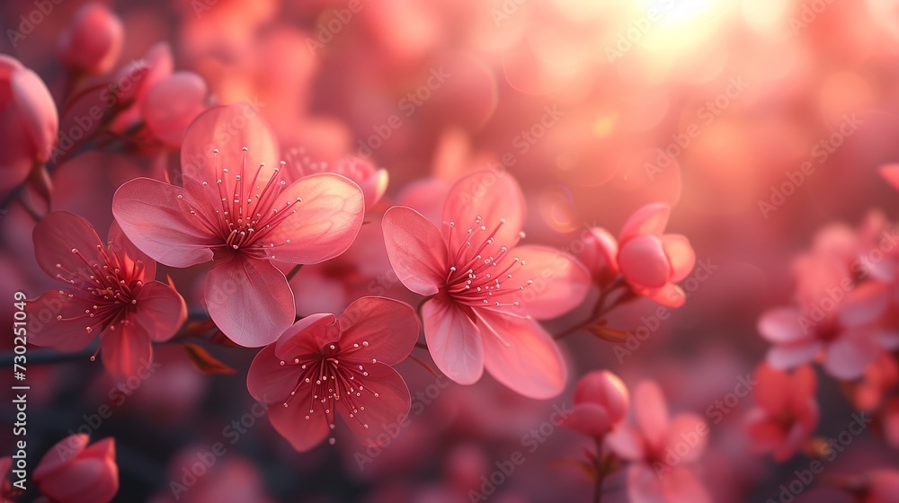 An abstract blurred background and border set with pink blossoms. A beautiful spring scene with a blossoming tree and sun flare. Easter Sunny Day. Spring flowers. A beautiful blurred background with