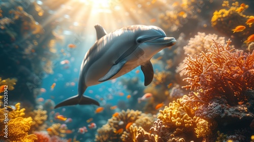 a dolphin swims through a coral reef with a sun shining through the water's bubbles in the background.