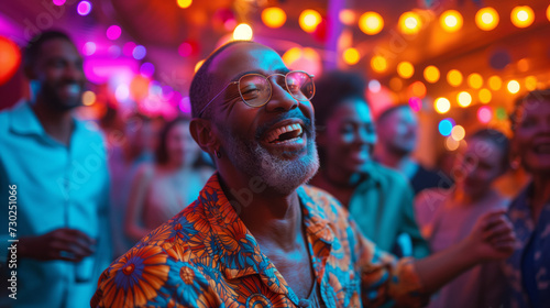 An old, elderly man smiling and laughing at a discotheque