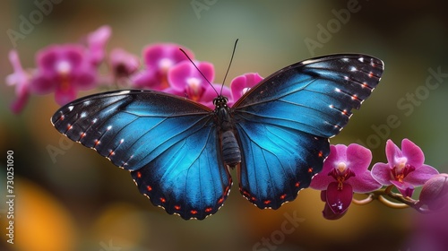 a close up of a butterfly on a flower with pink flowers in the foreground and a blurry background. © Jevjenijs