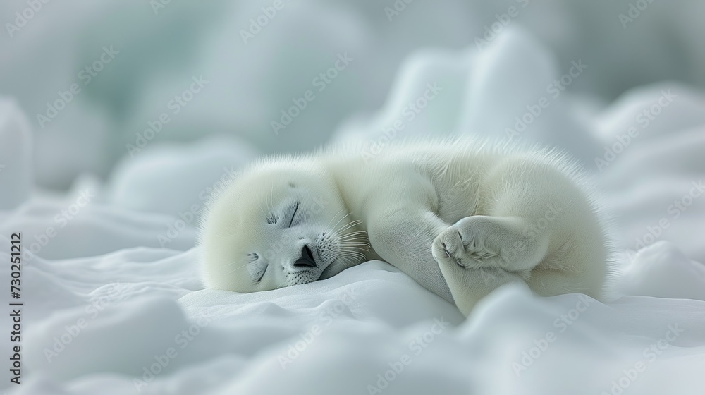 a baby seal laying on top of a white bed covered in white sheets and a white blanket on top of it's back. a baby seal laying on top of a white bed covered in white sheets and a white blanket on top of it's back.