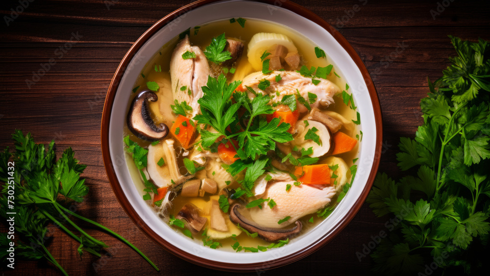 Chicken soup with vegetables and mushrooms in a bowl garnished with parsley Chicken soup with vegetables and mushrooms in a bowl garnished with parsley