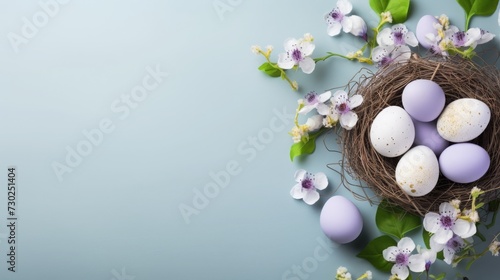 Easter Nest Blooms: Colorful Eggs Awaken Spring | Flat Lay Background