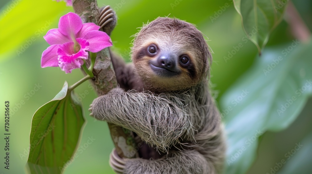 a three - toed sloth hanging from a tree branch with a pink flower in the foreground and green leaves in the background. a three - toed sloth hanging from a tree branch with a pink flower in the foreground and green leaves in the background.
