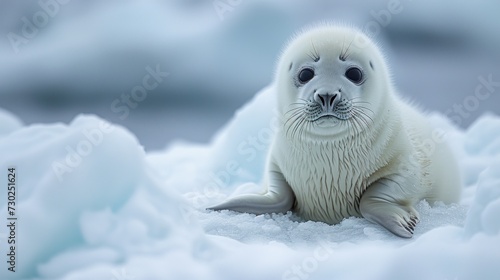 a baby seal sitting on top of a pile of snow next to an ice floet and looking at the camera.