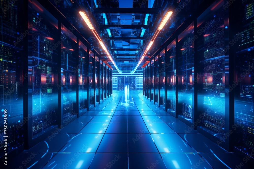 A server room filled with rows of powerful computers and blinking lights, representing data centers