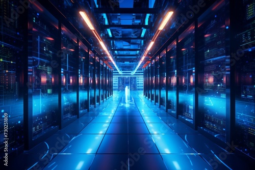 A server room filled with rows of powerful computers and blinking lights, representing data centers