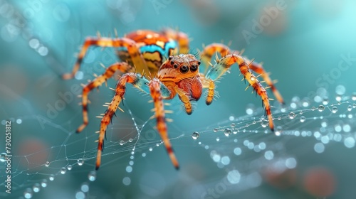 a close up of a spider on a leaf with drops of water on it's back and a blurry background.