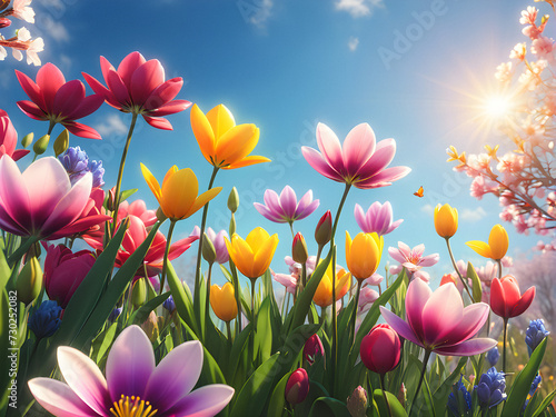 Spring Equinox Day: Colorful images of spring flowers and buds blooming after a long winter, against the backdrop of a sunny sky. generative AI