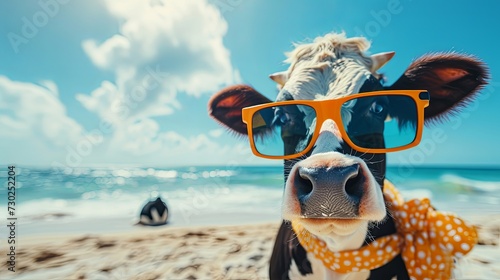 cow with sunglasses, with a sunny beach background generative ai © Francheska
