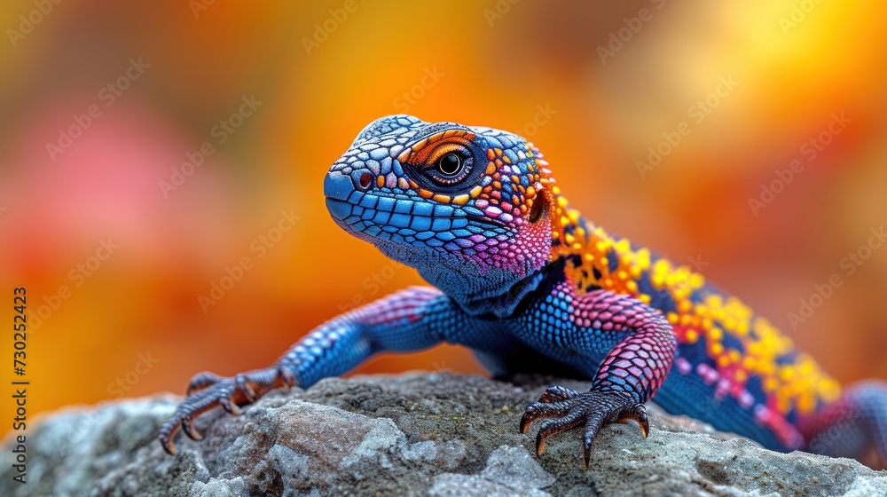 a colorful lizard sitting on a rock in front of an orange and yellow blurry background with a blurry background. a colorful lizard sitting on a rock in front of an orange and yellow blurry background with a blurry background.