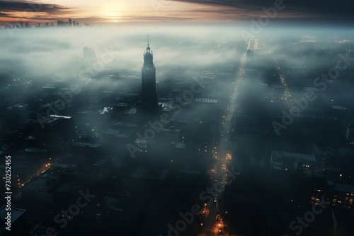 An aerial view of a cityscape during a foggy morning  creating a mysterious ambiance