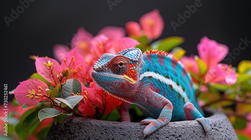 a blue and red chamelon sitting on top of a potted plant with pink flowers in the background. photo