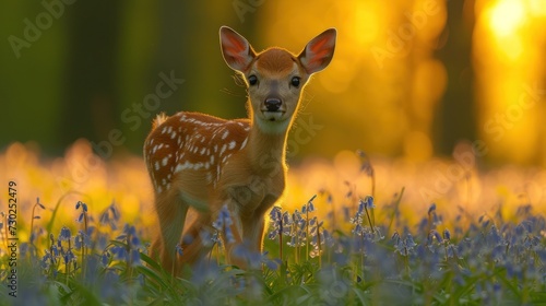 a young deer standing in the middle of a field of bluebells in front of a sunlit forest.