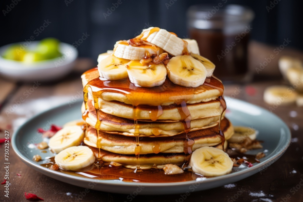 Banana slices on a stack of pancakes Banana slices on a stack of pancakes