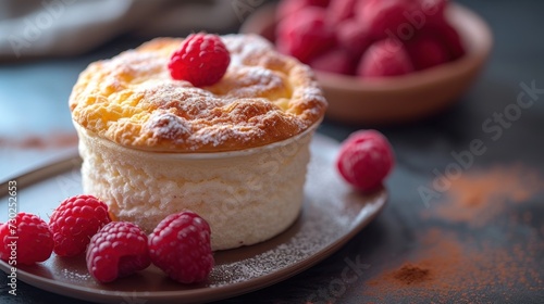 a close up of a cake on a plate with raspberries on a plate next to a bowl of raspberries.