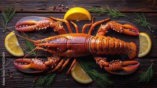 a close up of a cooked lobster on a table with lemon wedges and a slice of lemon on the side. photo