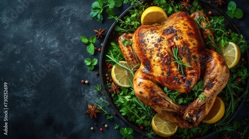 a roasted chicken on a platter with lemons, herbs, and spices on a dark background with space for text. photo