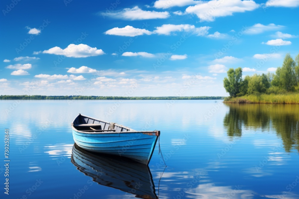 Calm river under a clear blue sky background with a rowboat Calm river under a clear blue sky background with a rowboat