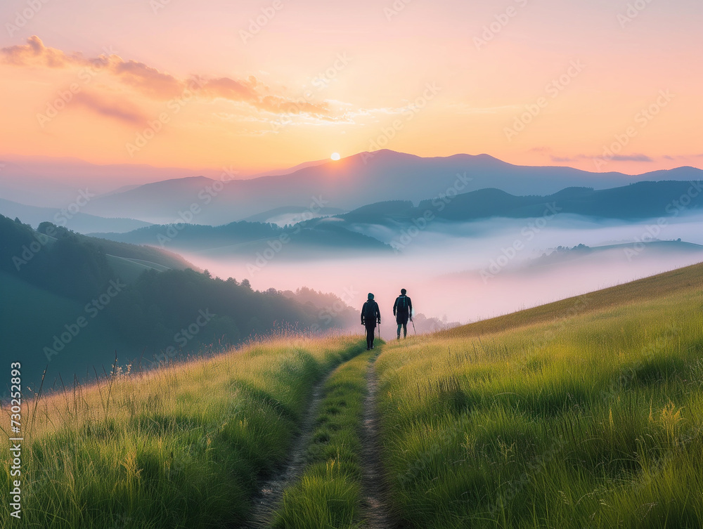 trekking, leading lines of the trail pointing towards distant rolling fog-covered hills at dawn.