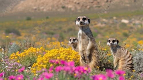 a group of three meerkats standing in a field of wildflowers with a mountain in the background.