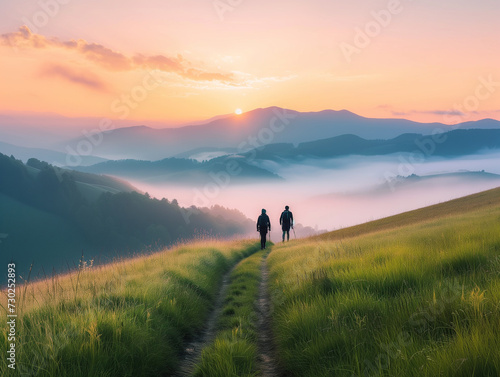 trekking, leading lines of the trail pointing towards distant rolling fog-covered hills at dawn.
