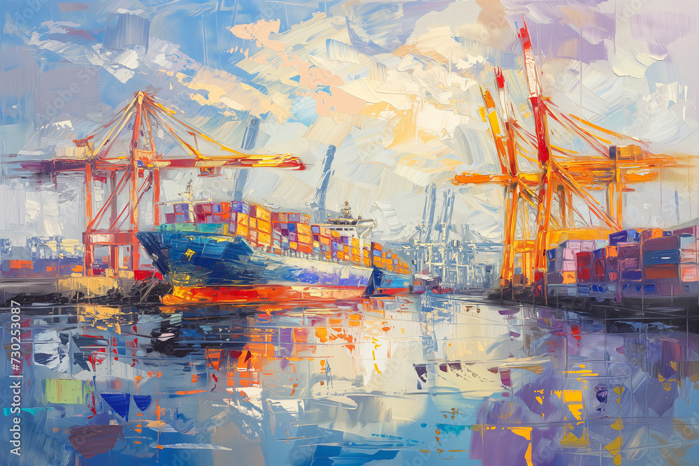 An impressionistic painting of a ship at a busy harbor, vibrant brush strokes capturing the movement of cranes and containers.