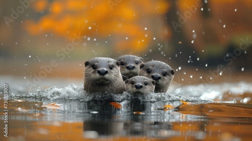 a group of three otters swimming in a body of water with orange leaves on the trees in the background. photo