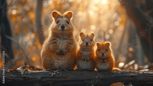 a mother kangaroo and two baby kangaroos sitting on a log in a forest with the sun shining through the trees.