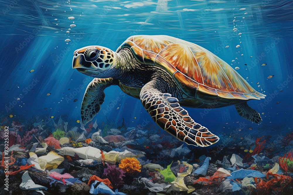 Obraz premium Schildkröte im plastikverschmutzten Ozean 