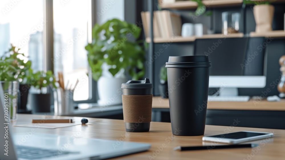 Fototapeta premium Coffee cup on a bright office desk with contemporary workspace background.