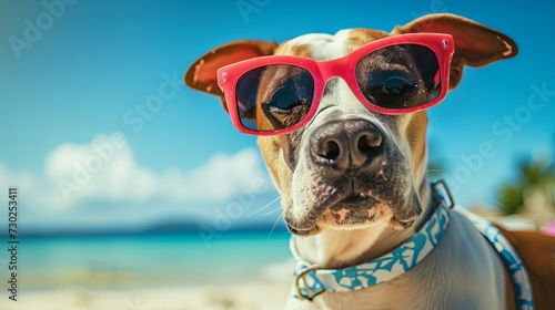 dog with sunglasses on the beach generative ai © Francheska