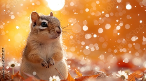 a small rodent standing on its hind legs in a field of leaves and flowers with the sun in the background.